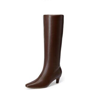 Women Brown Knee High Boots 2 Inch Kitten Heel Square Toe Wide Calf Long Fall